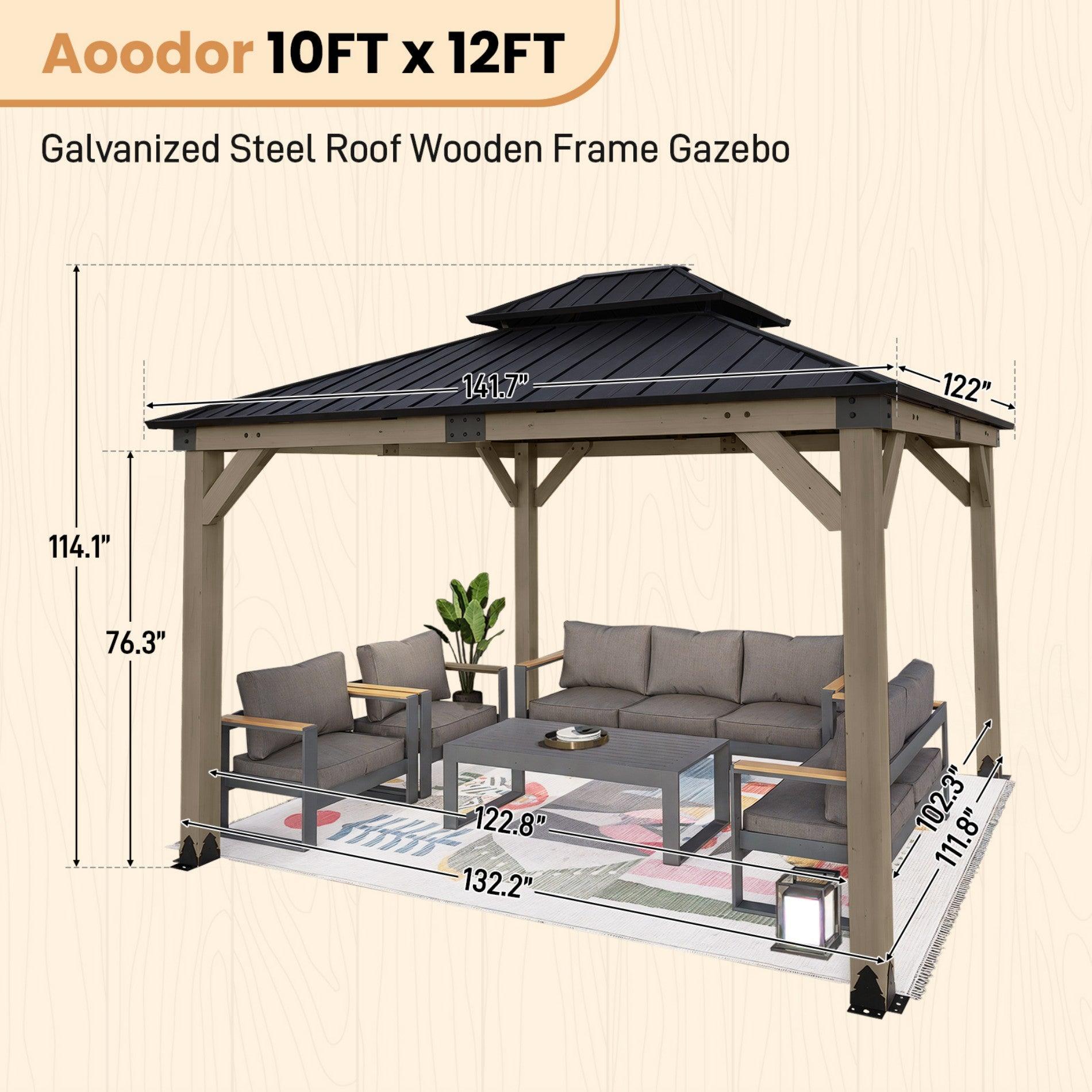 Wood Gazebo,Upgrade Cedar Wooden Frame Gazebo with Galvanized Steel Roof Aoodor 10 FT × 12 FT